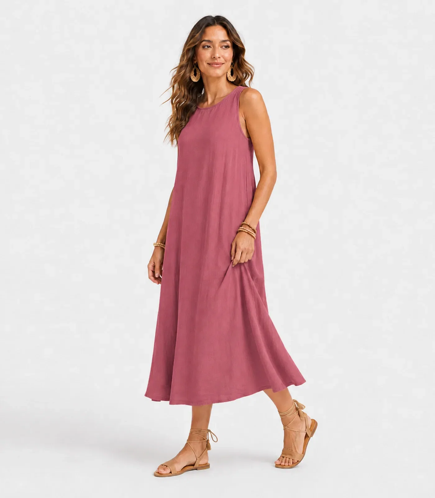 Vestido Midi Feminino Viscose Com Bolsos Style Box Rosa