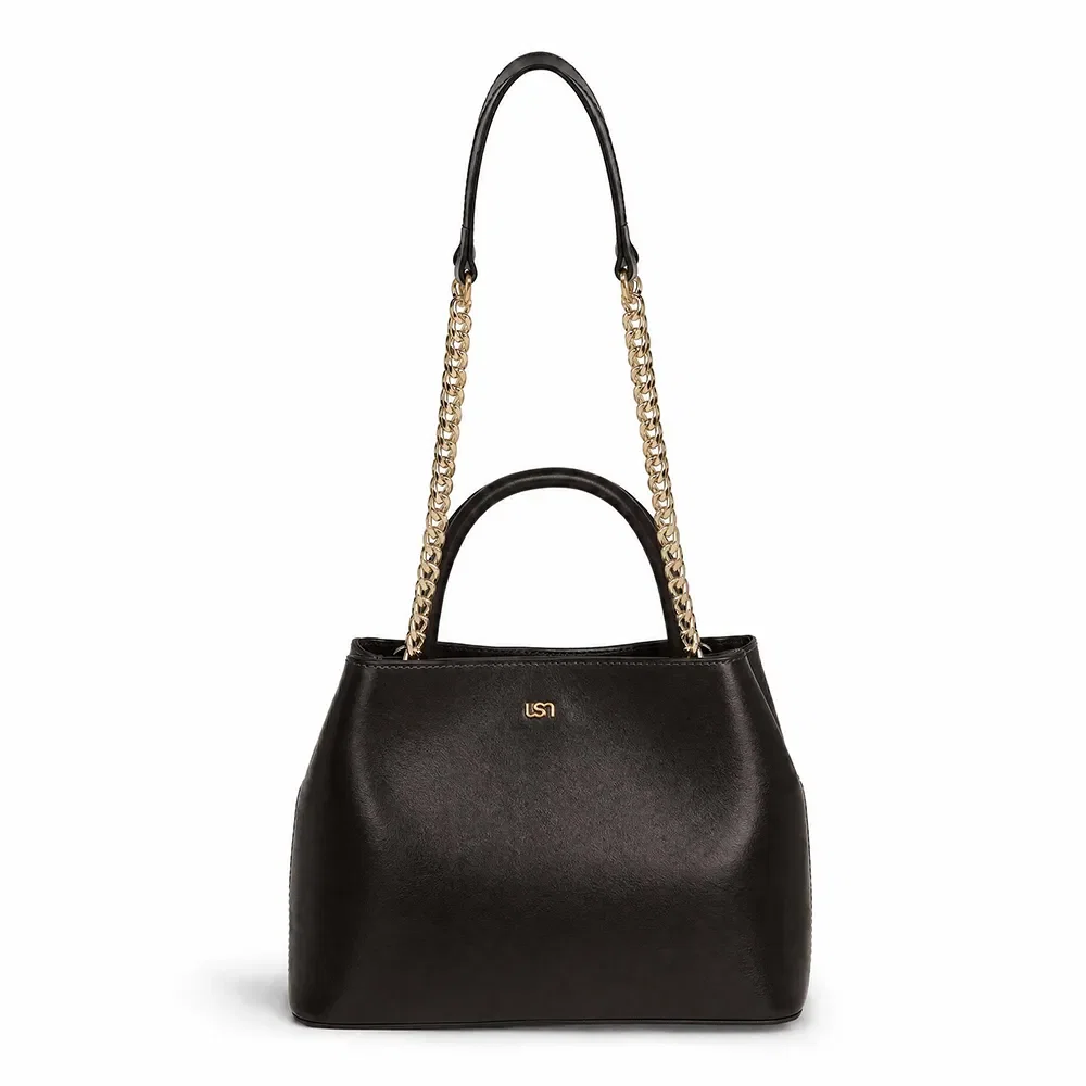 Bolsa Tote Em Couro Preto Com Corrente