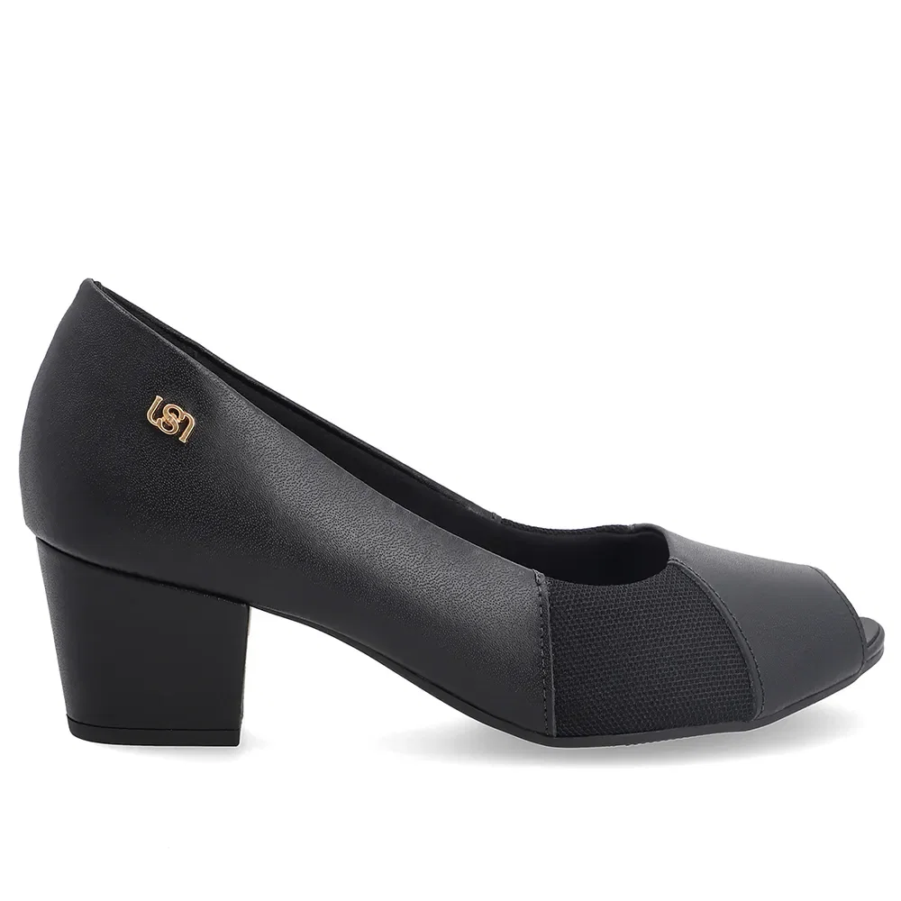 Peep Toe Em Couro E Tecido Preto Com Salto Bloco