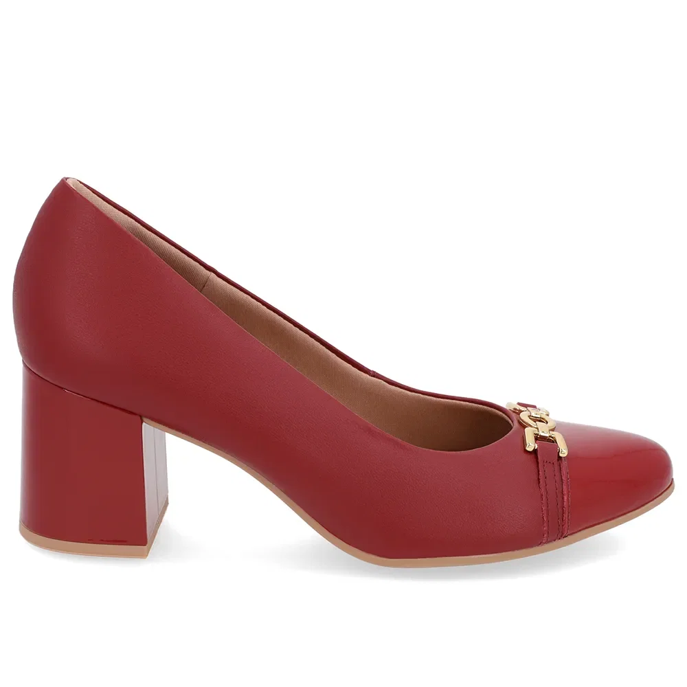 Scarpin Salto Bloco Couro Vermelho Detalhe Verniz — imagem 1