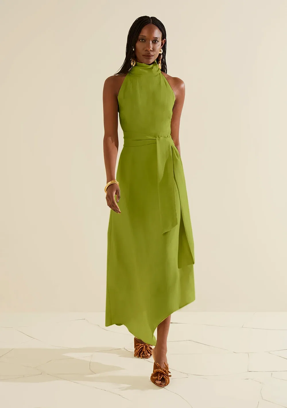 Vestido Morena Rosa Ajustado Gola Alta Sem Manga Midi Verde