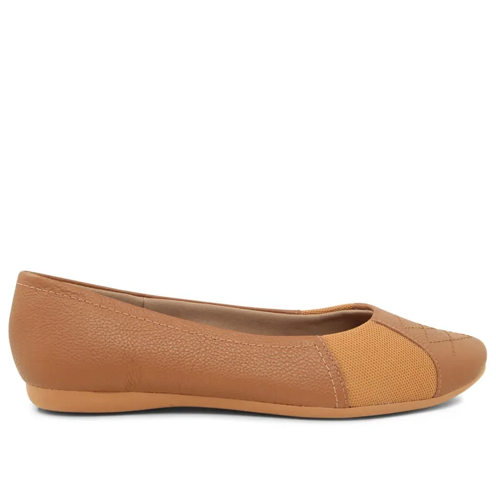 Sapatilha Camel Couro Bico Redondo Bordado — imagem 1