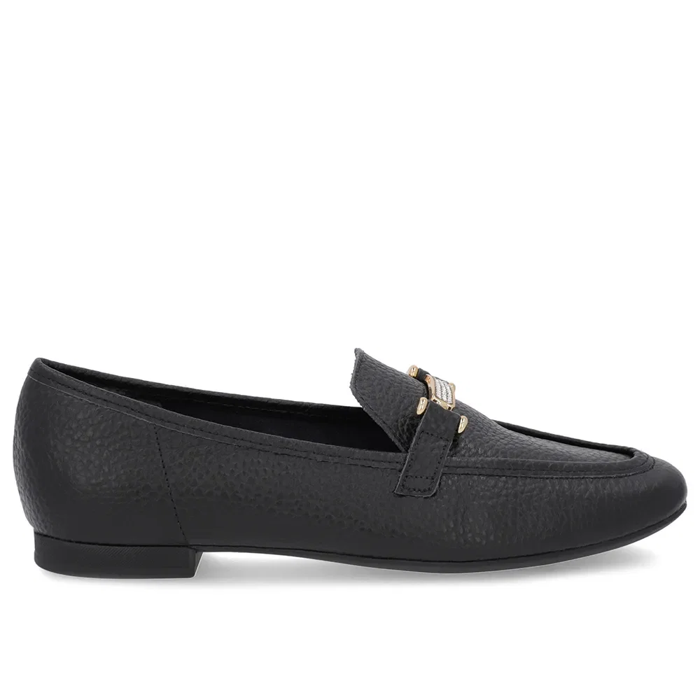 Loafer Preto Couro Strass