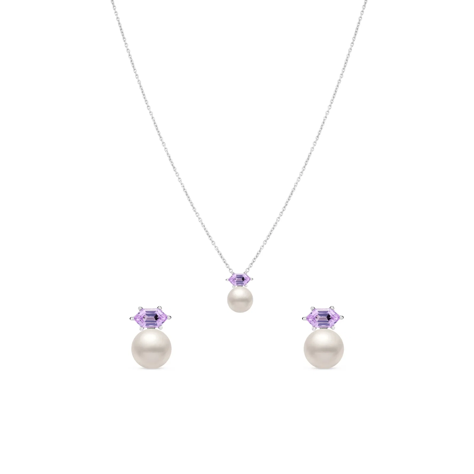 Conjunto Lavanda Colar + Brinco em Prata 925 com Pérola e Ametista Roxa