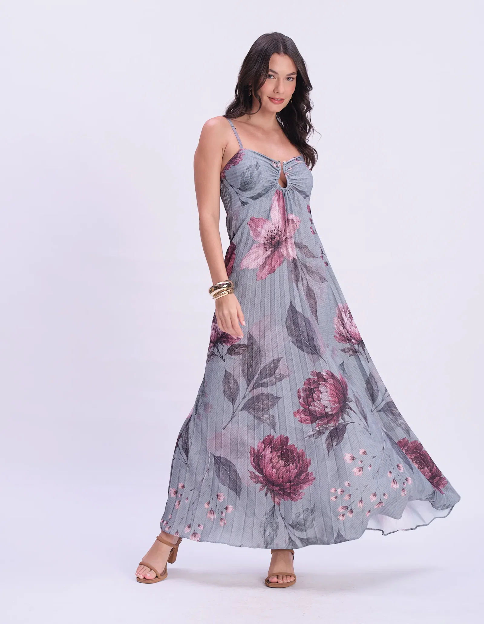 Vestido Longo Plissado Estamp Floral - Verde