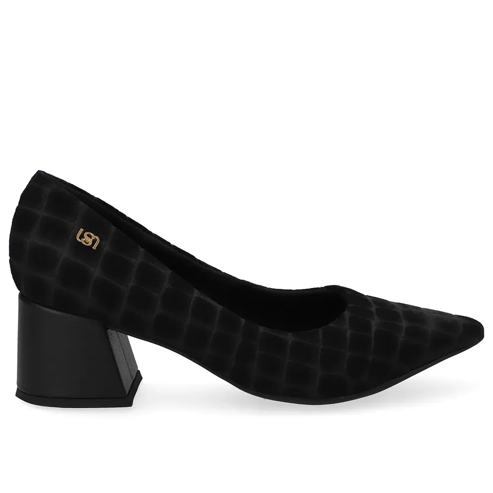 Scarpin Preto Bico Fino Croco Camurça — imagem 1