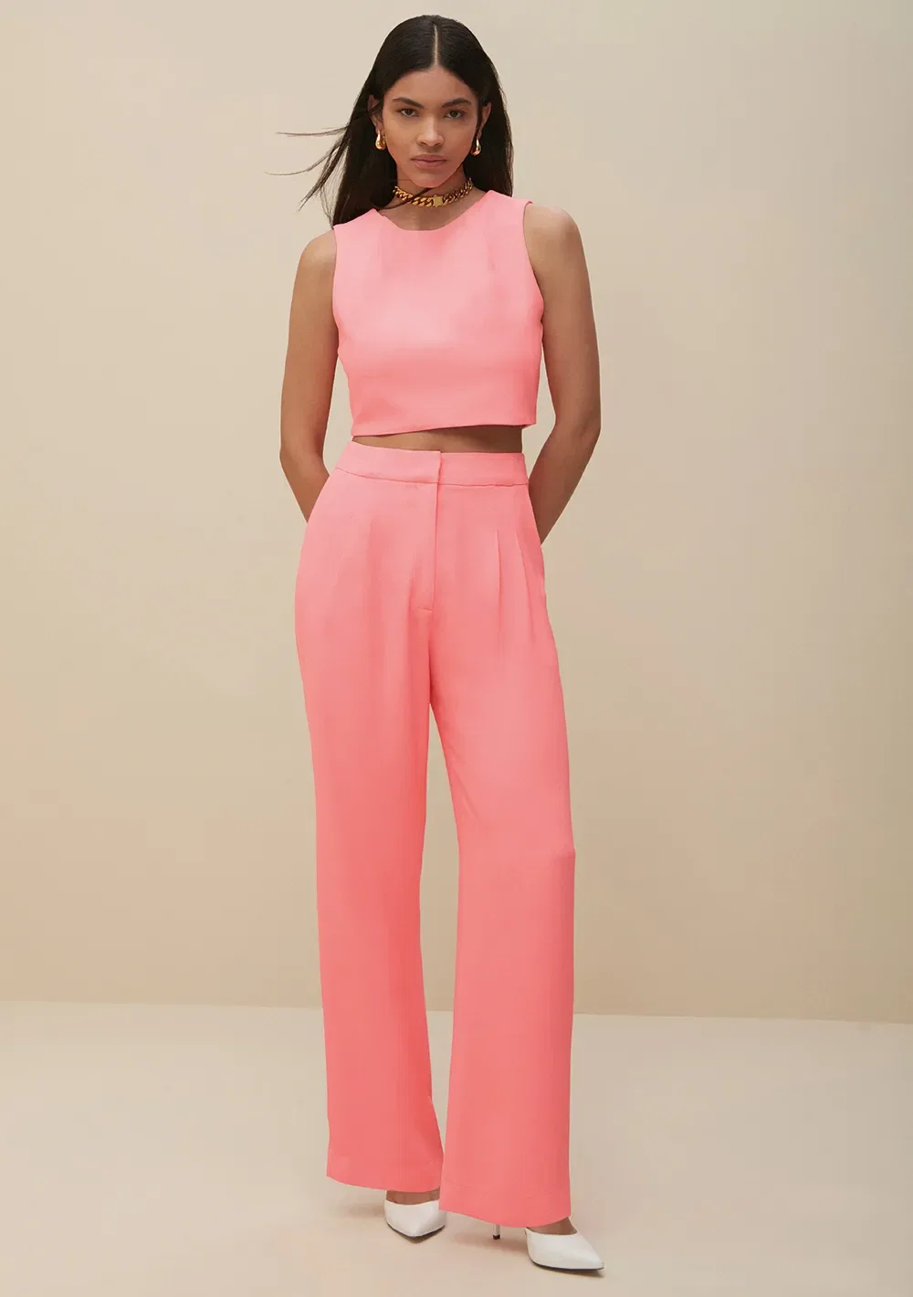 Top Morena Rosa Alfaiataria Sem Manga Com Pregas Pink