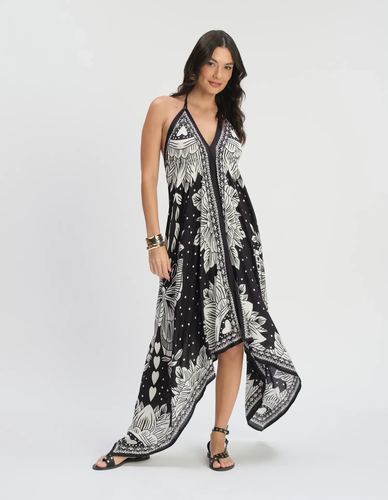 Vestido Estampado Boho Folhagem - Preto
