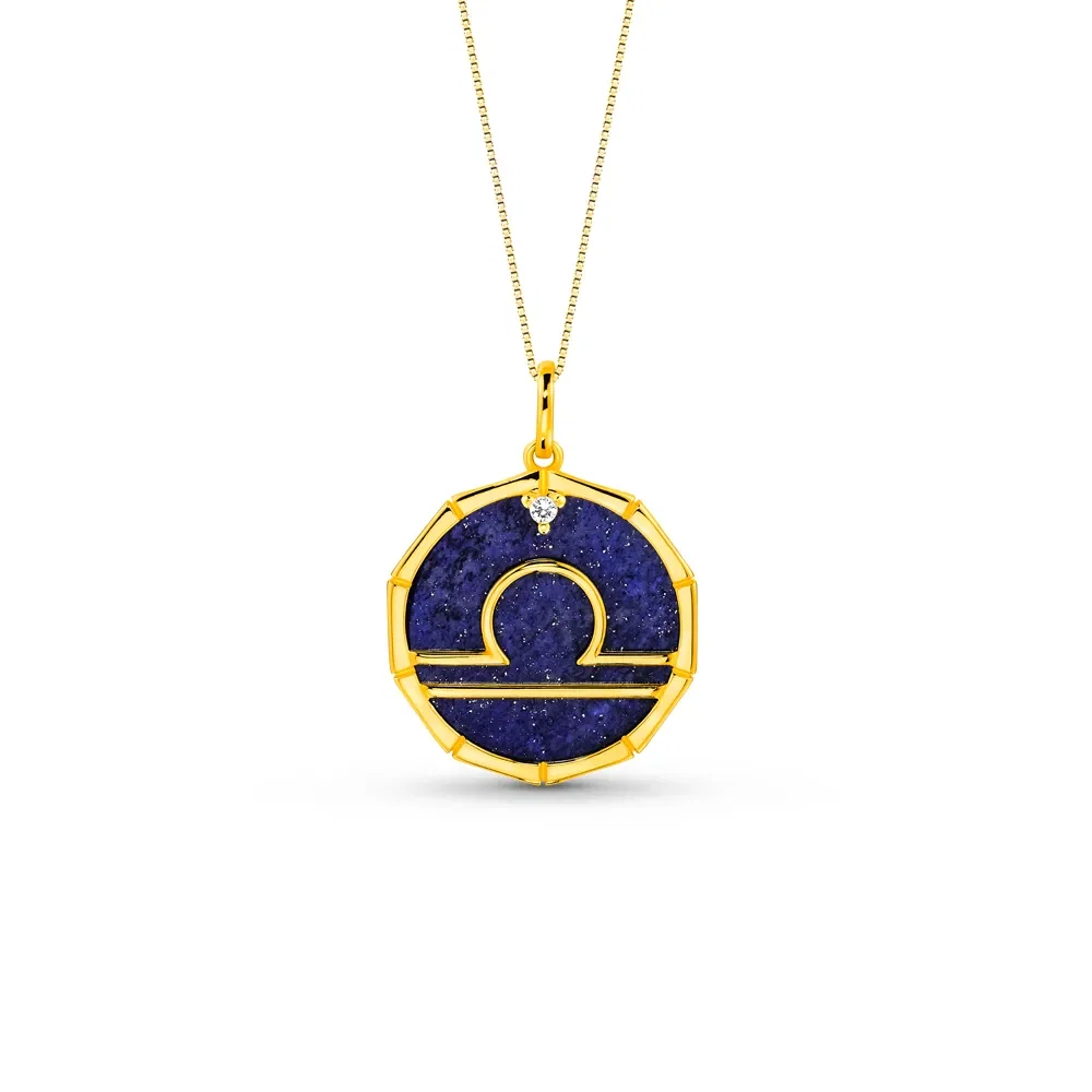 Pingente ZodíAço Libra em Ouro Amarelo 18k com Lápis Lazuli e Safira Incolor, 17mm — imagem 1