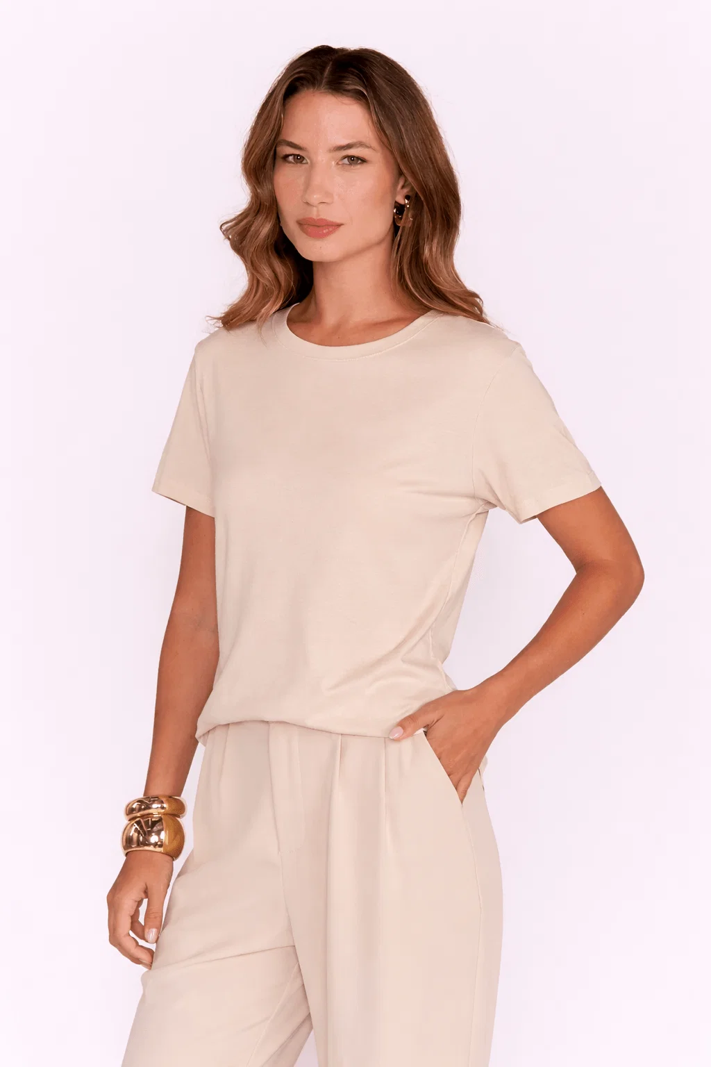 Blusa Manga Curta Alongada - Areia