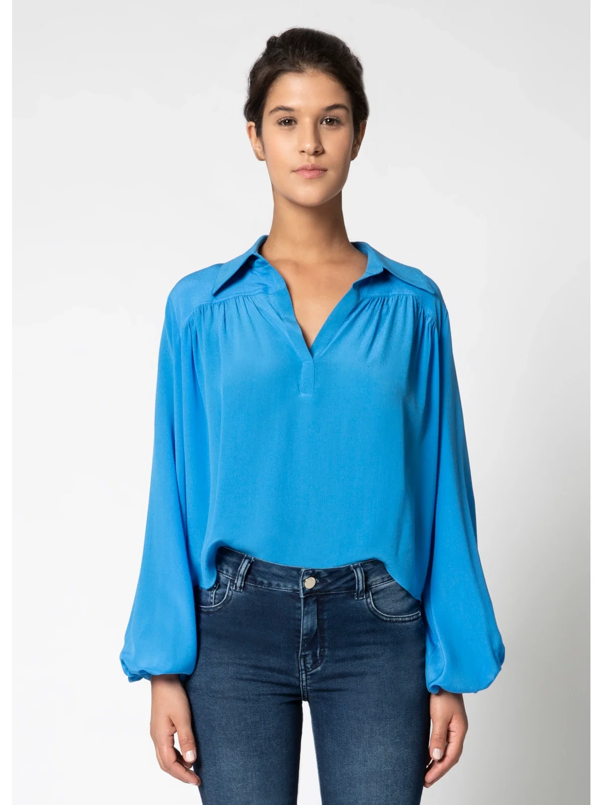 Camisa Recorte Franzido Azul — imagem 1