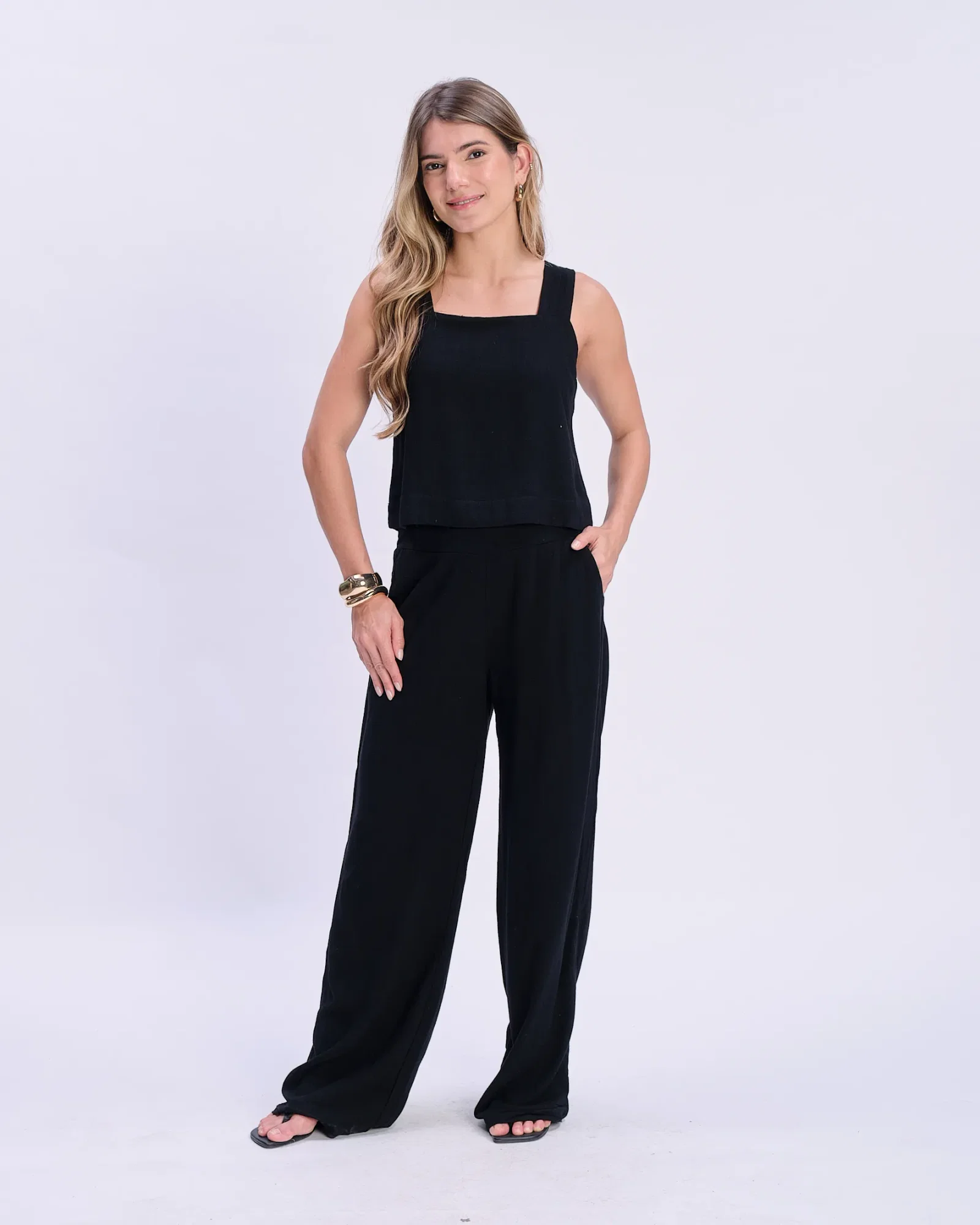 Calça Pantalona Cós Corda Dupla - Preto — imagem 1