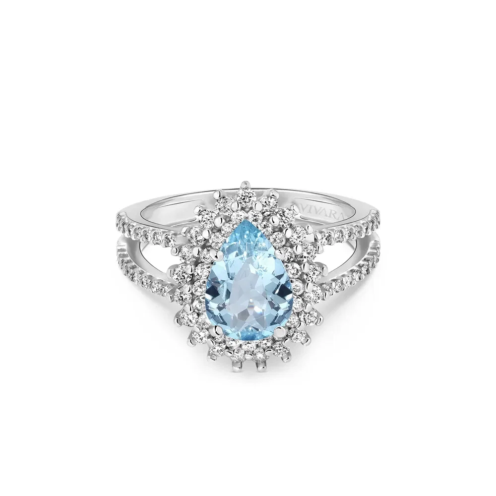 Anel Classic Oriental em Ouro Branco 18k com Água Marinha e Diamantes