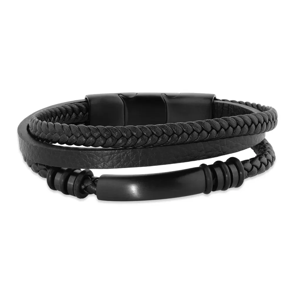 Pulseira Life Trançada VII em Couro Preto com Aço — imagem 1