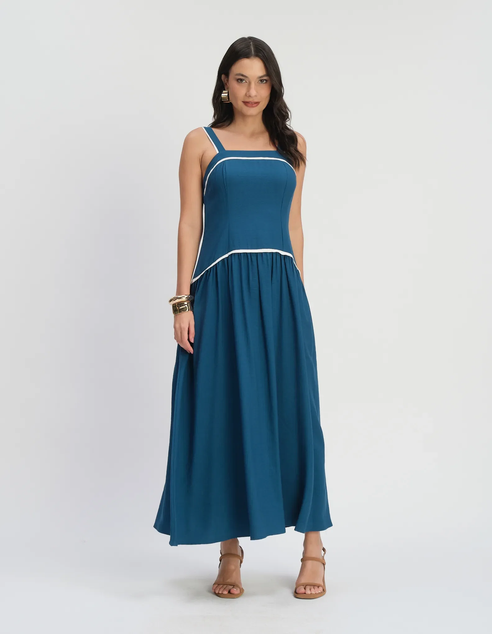 Vestido Longo Cintura Deslocada Vivos - Azul — imagem 1