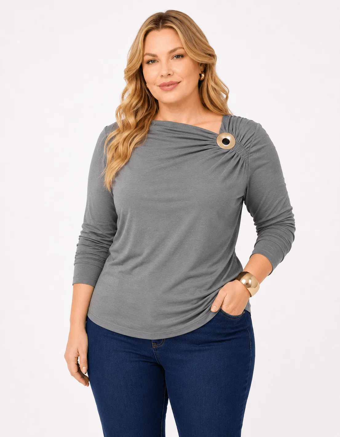Blusa Manga Longa Detalhe Franzido Metal - Cinza