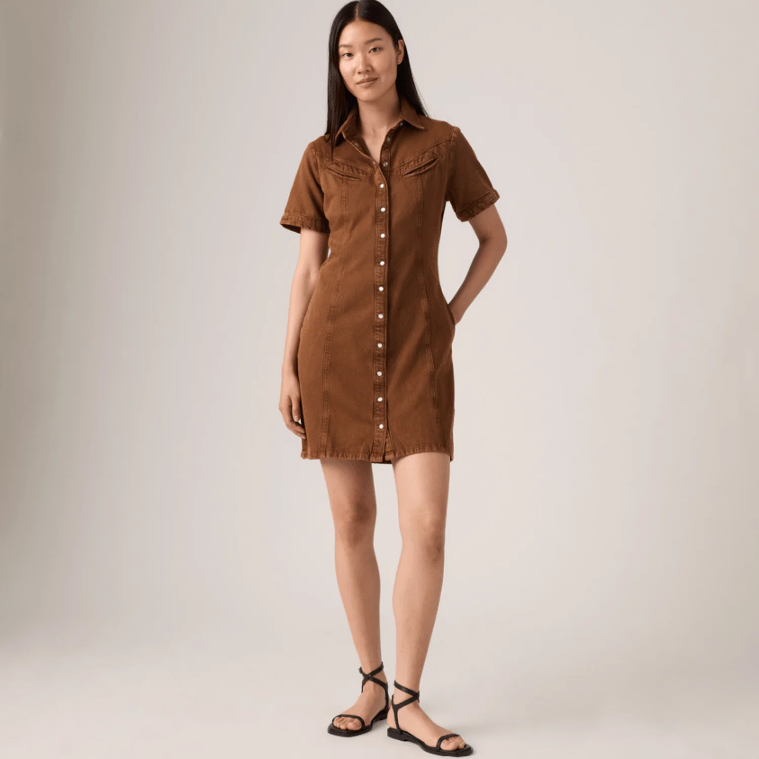 Vestido Jeans Levi's® Rinoa Marrom Manga Curta
