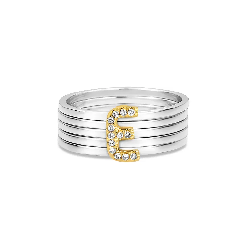 Anel Letra E em Prata 925 e Ouro Amarelo 18k com Diamantes — imagem 1