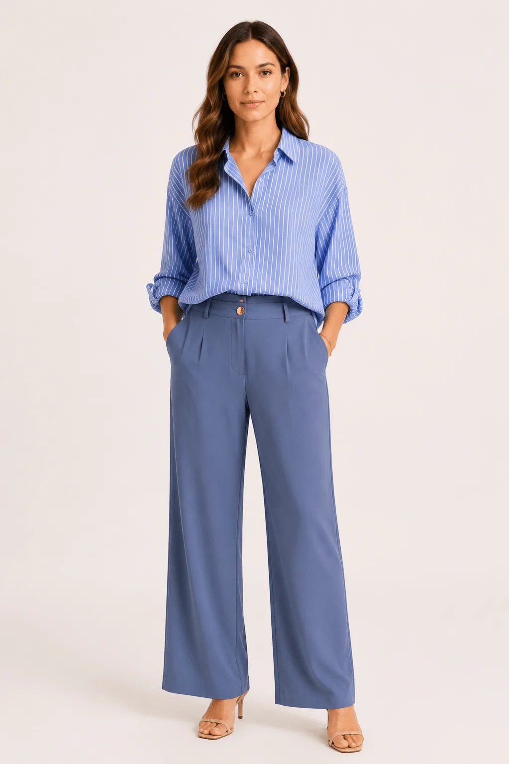 Camisa Alongada Botões Listra - Azul Claro