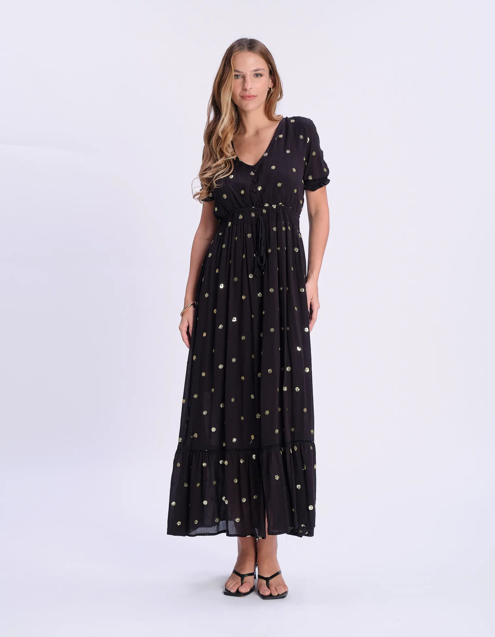 Vestido Longo Detalhe Botões e Foil - Preto — imagem 1