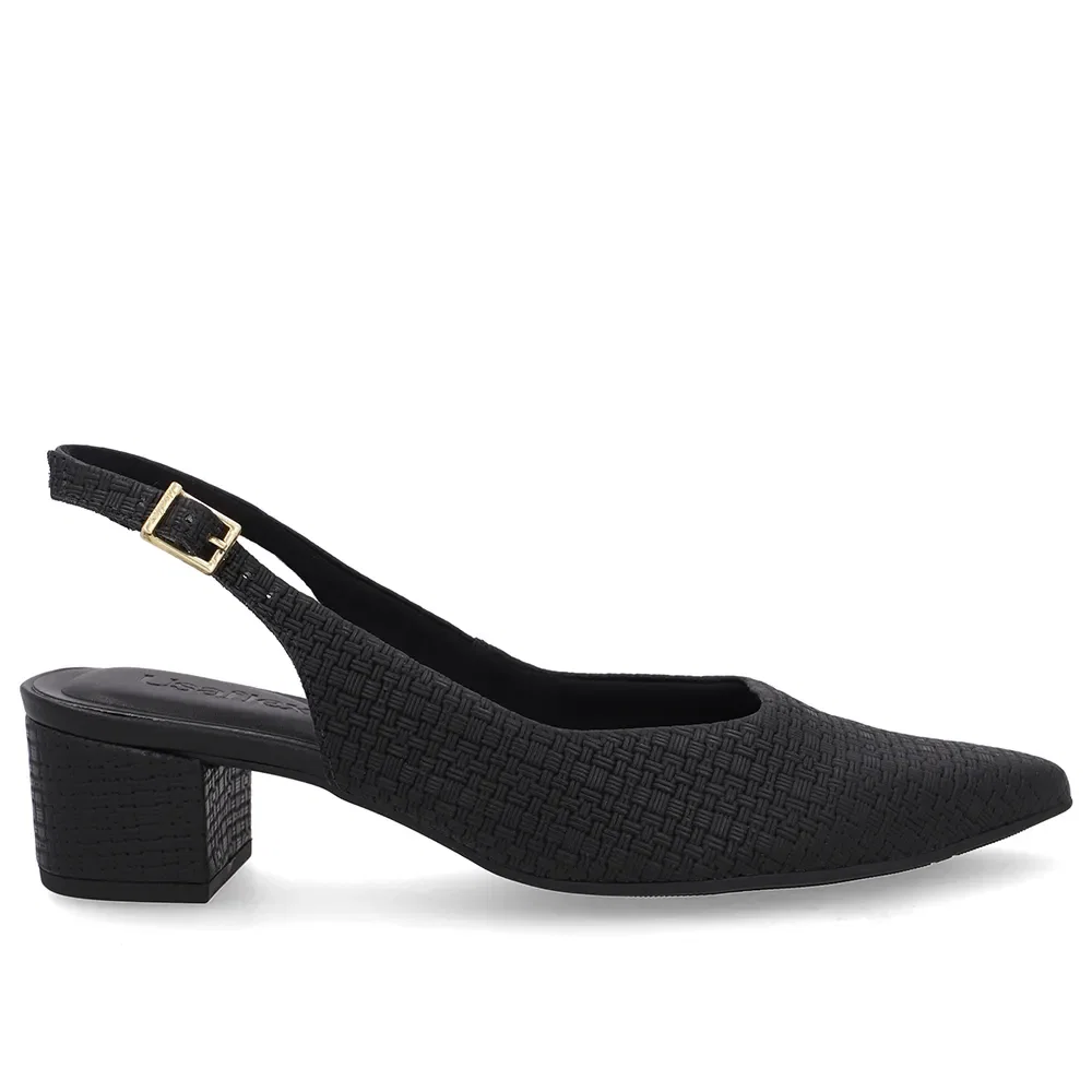 Slingback Preto Couro Bico Fino Casual — imagem 1