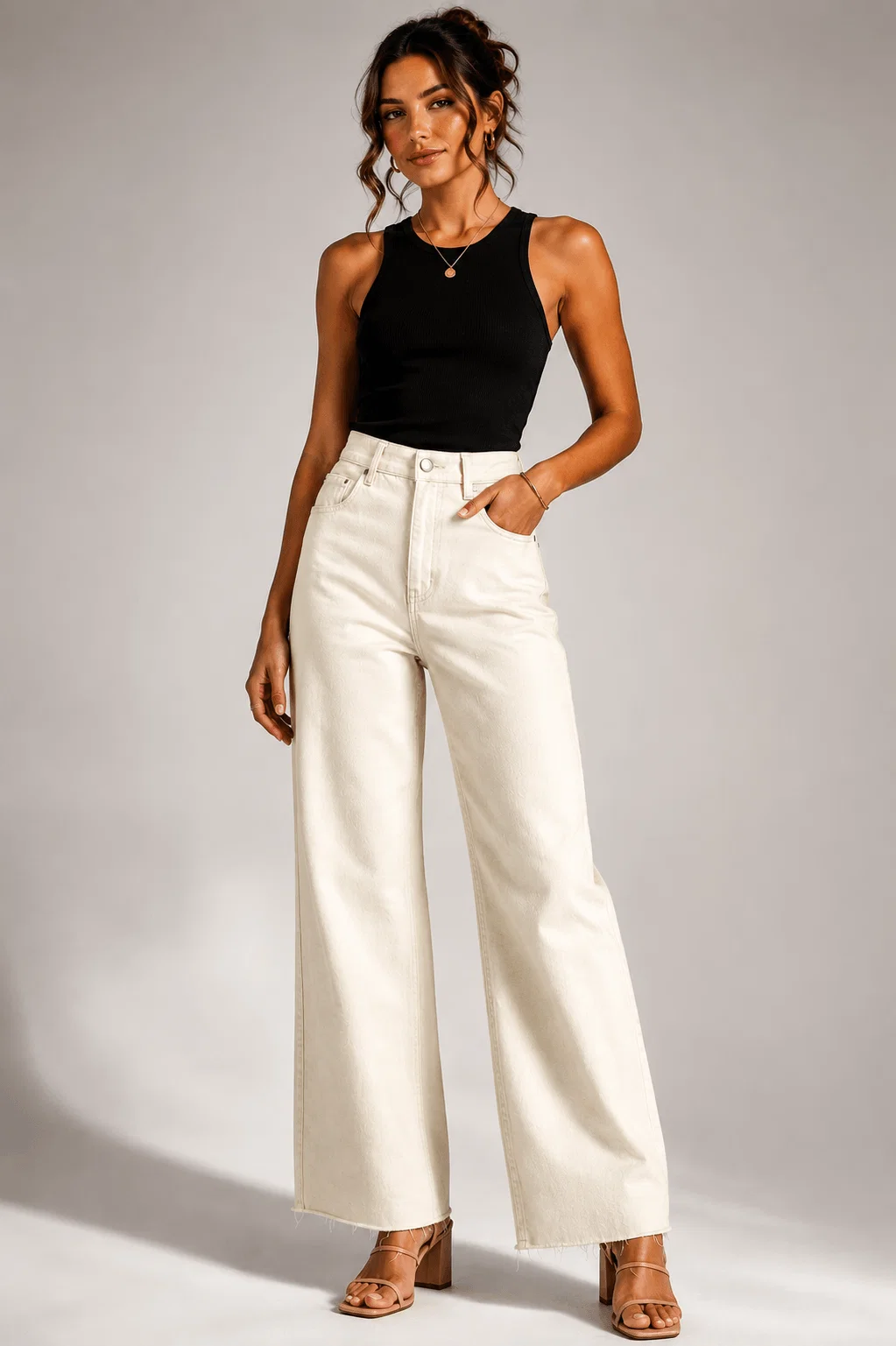Calça Sarja Wide Pregas Frontais - Off White