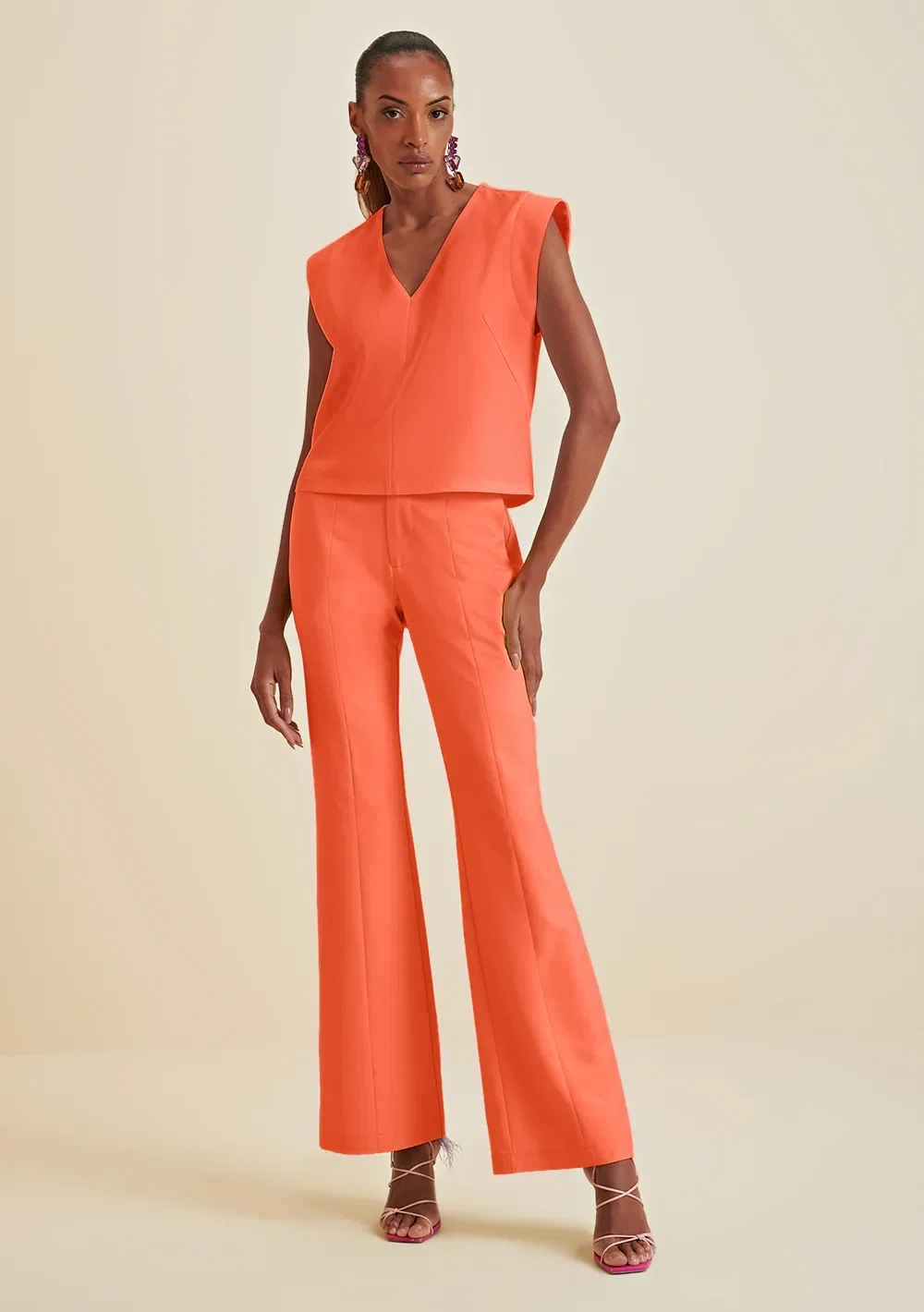 Calça Morena Rosa Boot Cut Cós Alfaiataria Bolso Faca Laranja