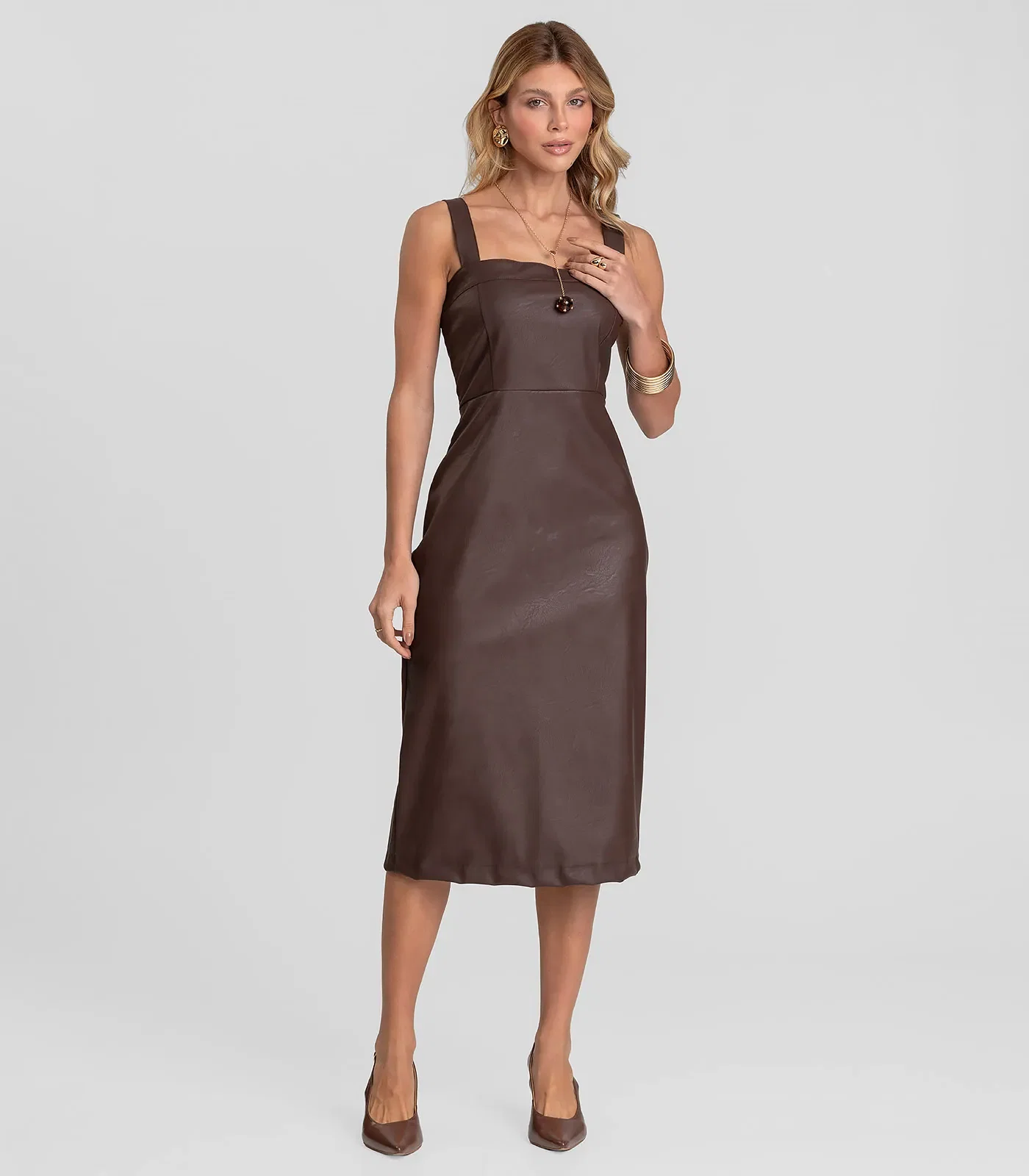 Vestido Feminino Midi em Courino Basic Dianna Marrom — imagem 1
