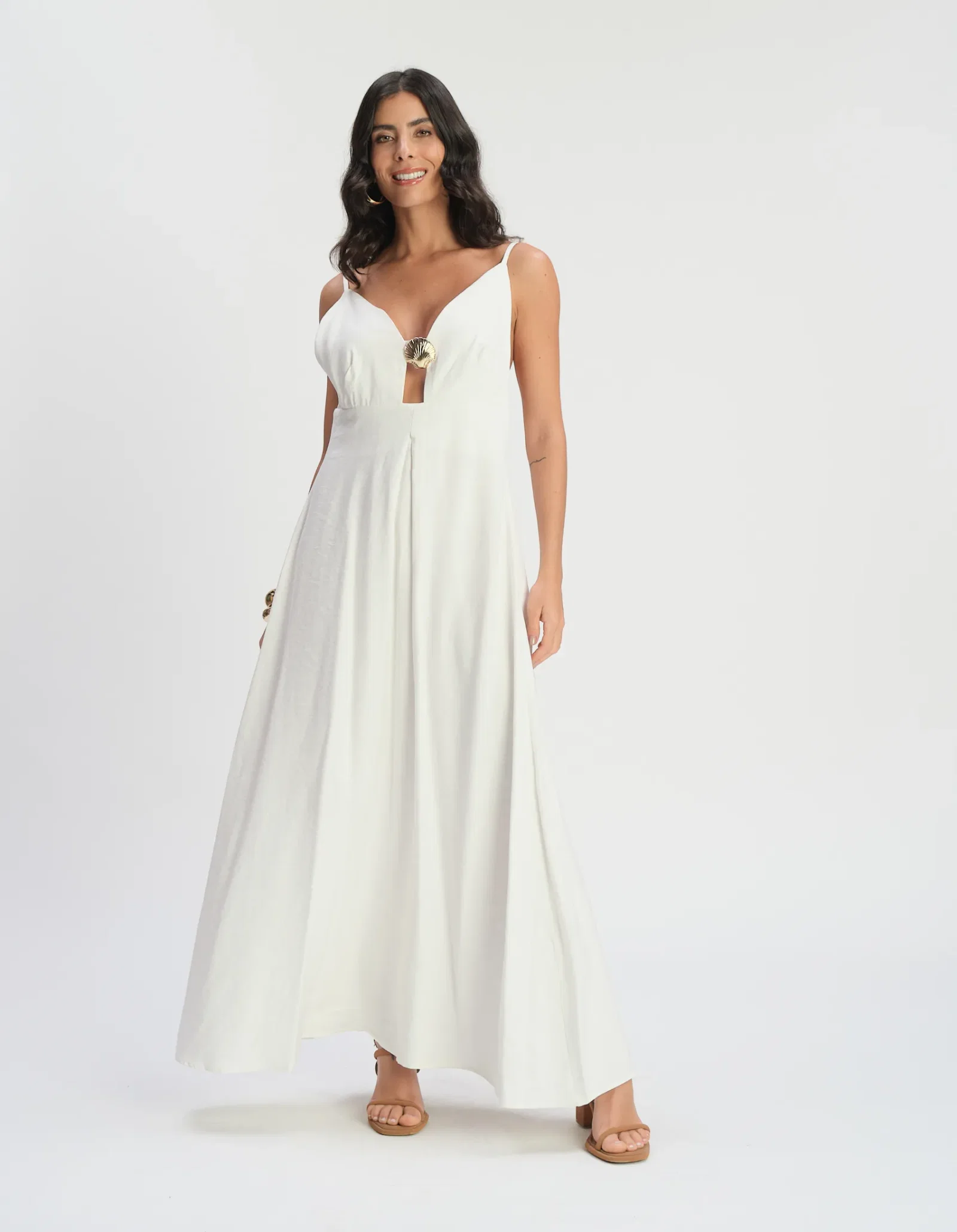 Vestido Longo Detalhe Decote Concha - Branco — imagem 1