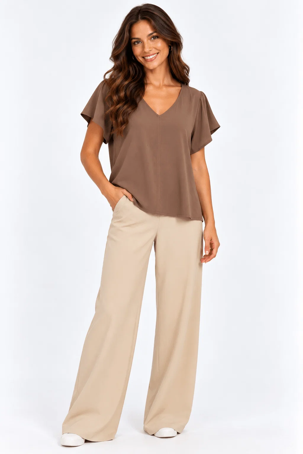 Blusa Ampla Decote v - Marrom Claro