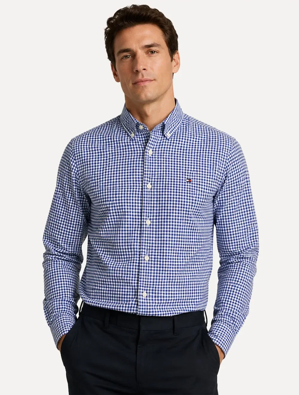 Camisa Tommy Hilfiger Masculina Oxford Regular Gingham Branca / Azul Marinho — imagem 1