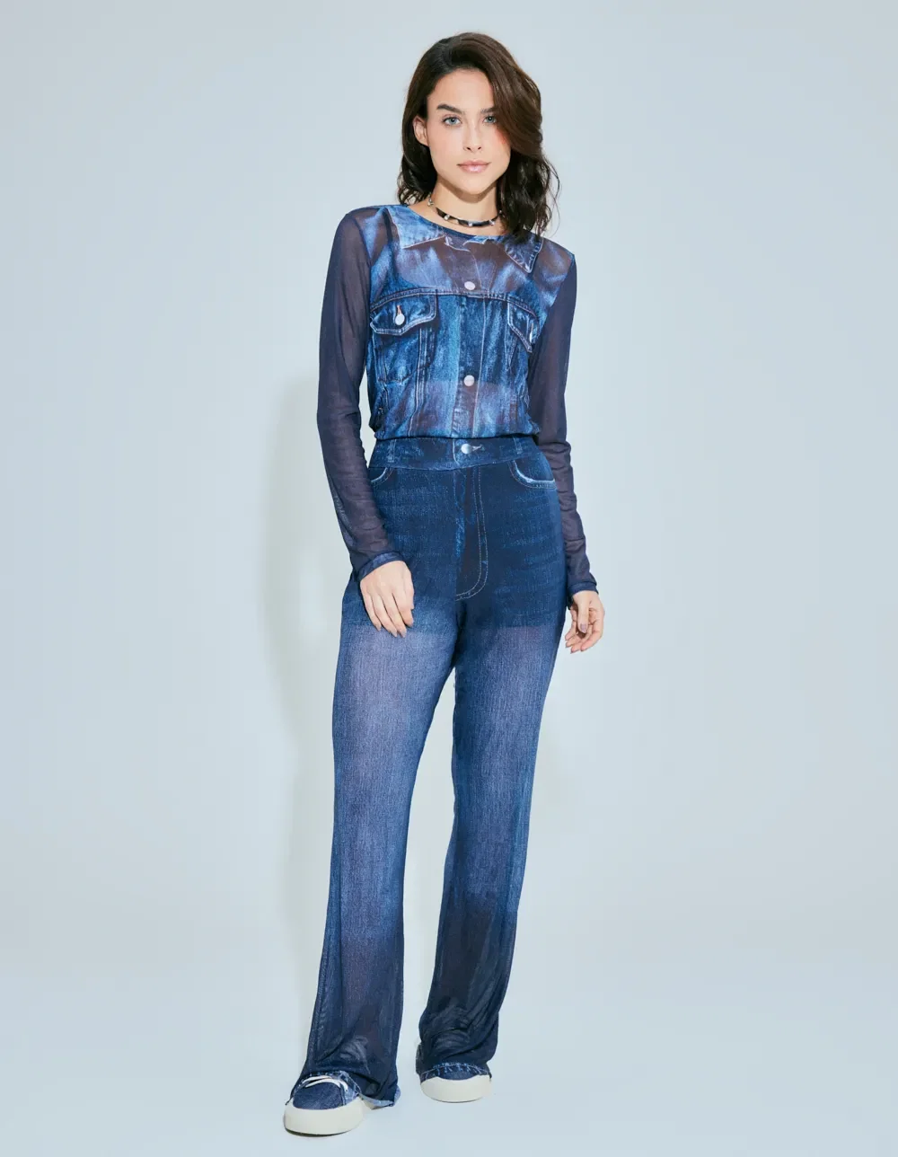 Calça Flare Tule Localizado - Denim Medio