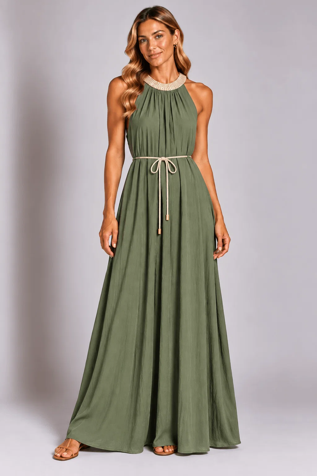 Vestido Detalhe Decote Bordado Com Cinto - Verde