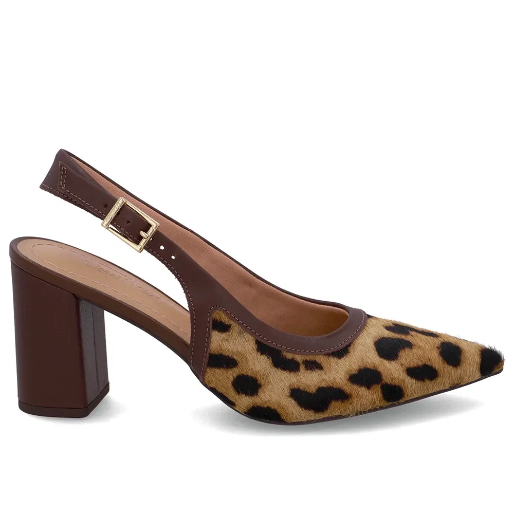 Slingback Pelo Onça Couro Bico Fino