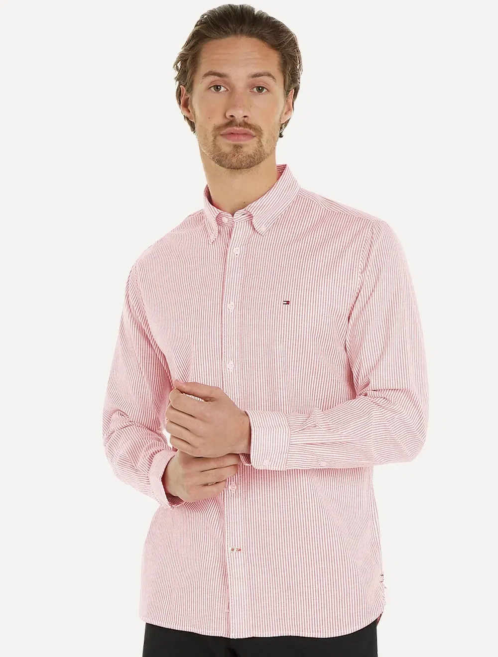 Camisa Tommy Hilfiger Masculina Regular Striped Poplin Vermelha — imagem 1