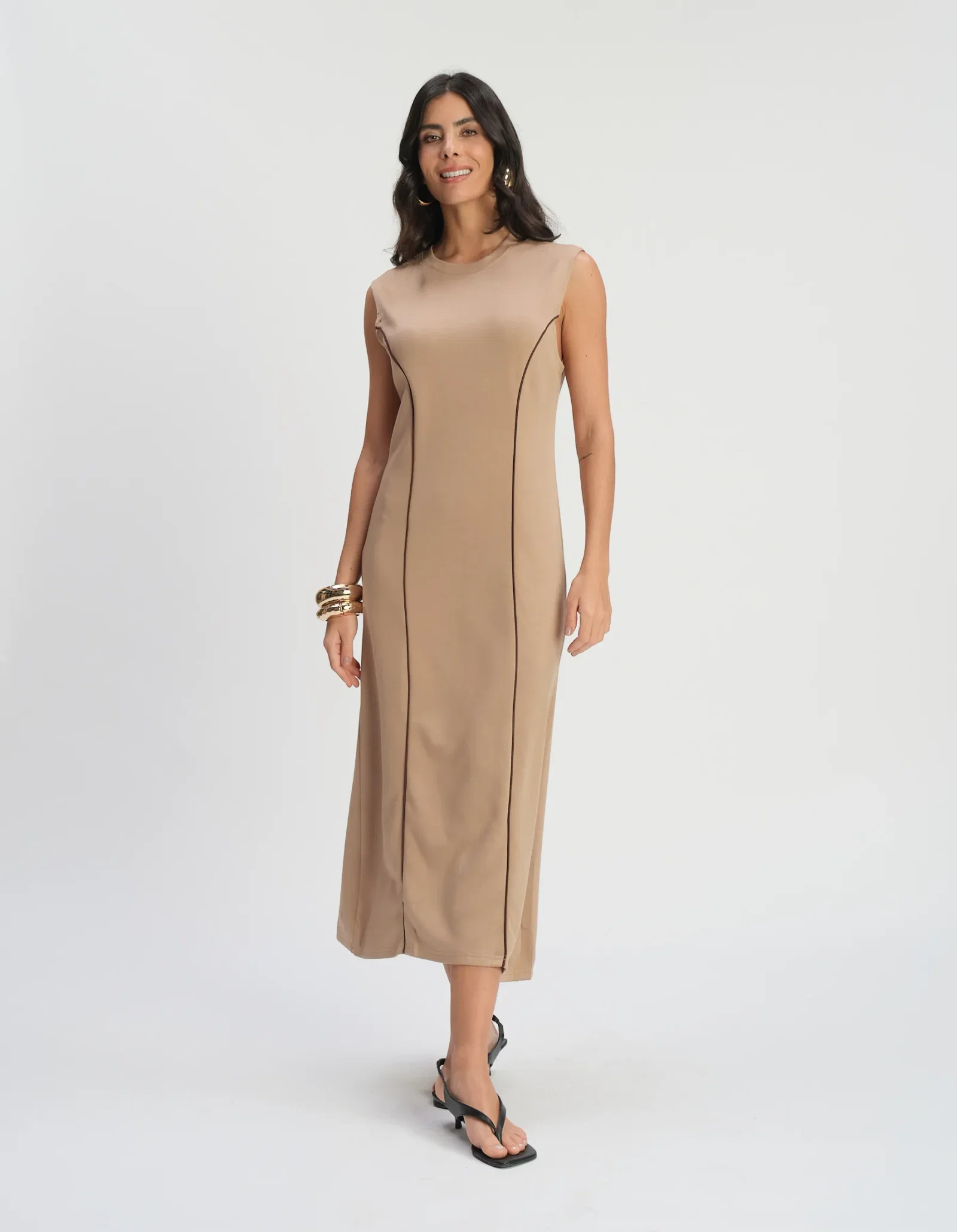 Vestido Sem Manga Detalhe Vivos - Bege