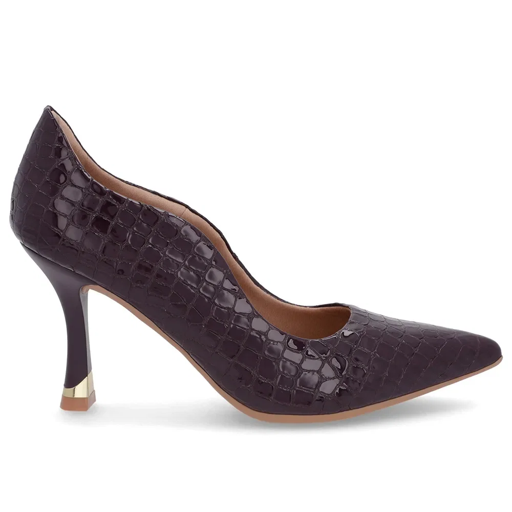 Scarpin Roxo Couro Bico Croco Fino Detalhe Recorte — imagem 1