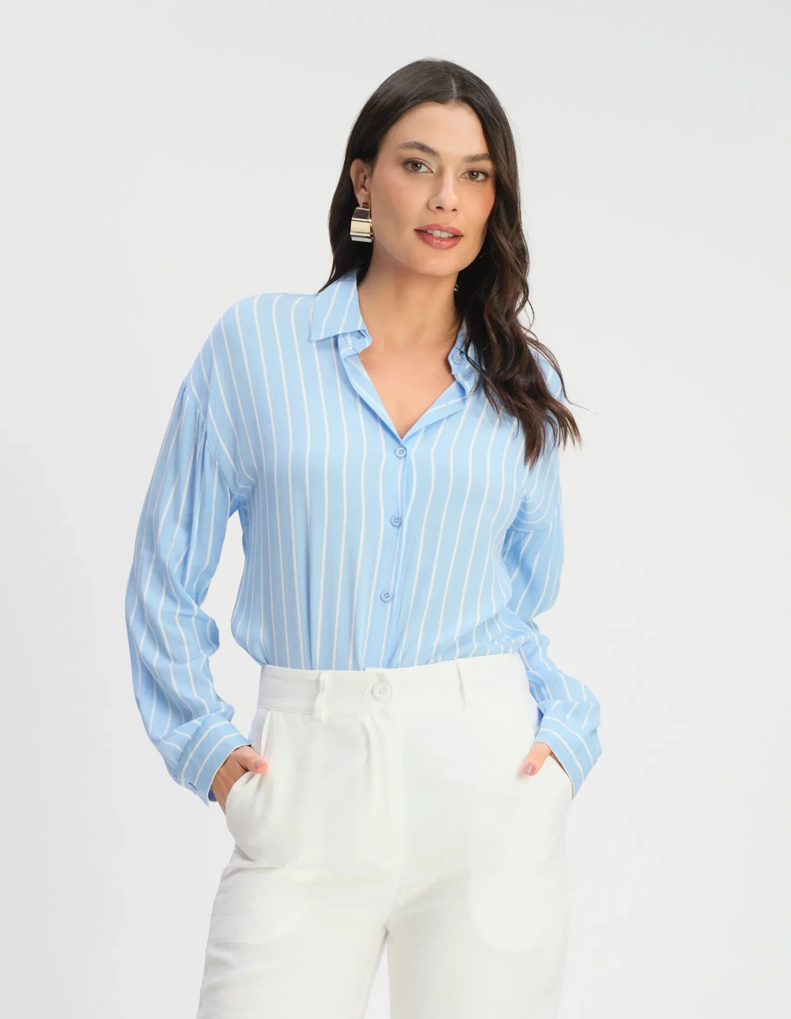 Camisa Manga Longa Listrada - Azul — imagem 1