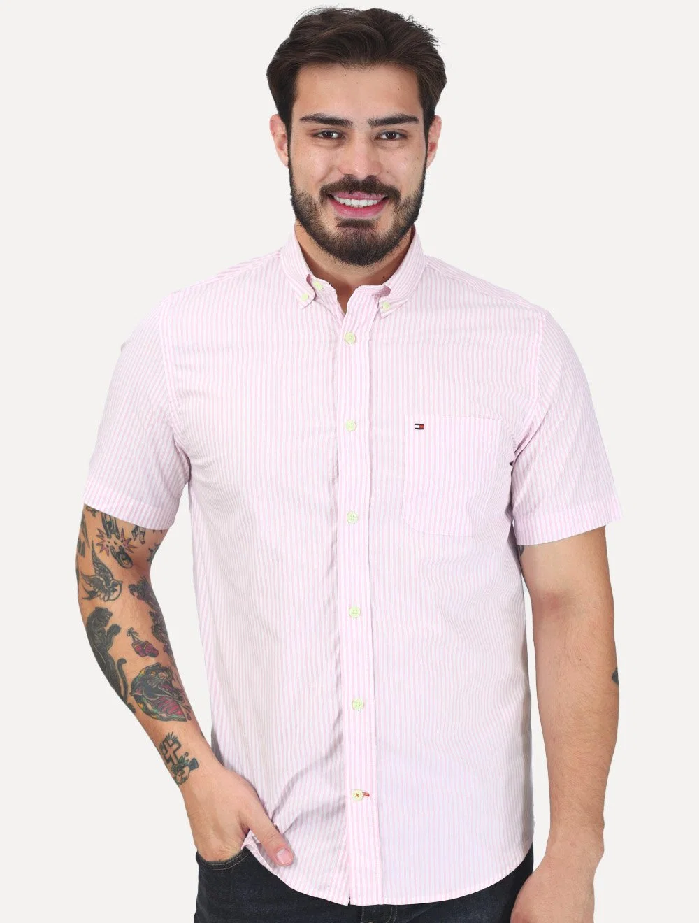 Camisa Tommy Hilfiger Masculina Manga Curta Regular Listrada Oxford Rosa Médio