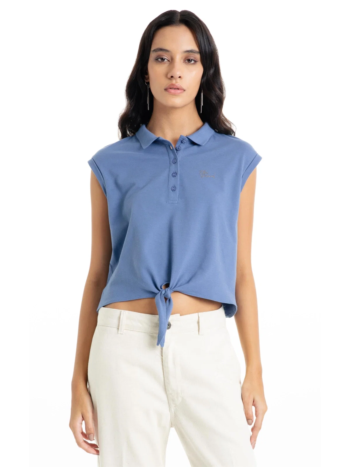 Blusa Cotton Piquet Polo Cropped Sleeveless Azul Jeans