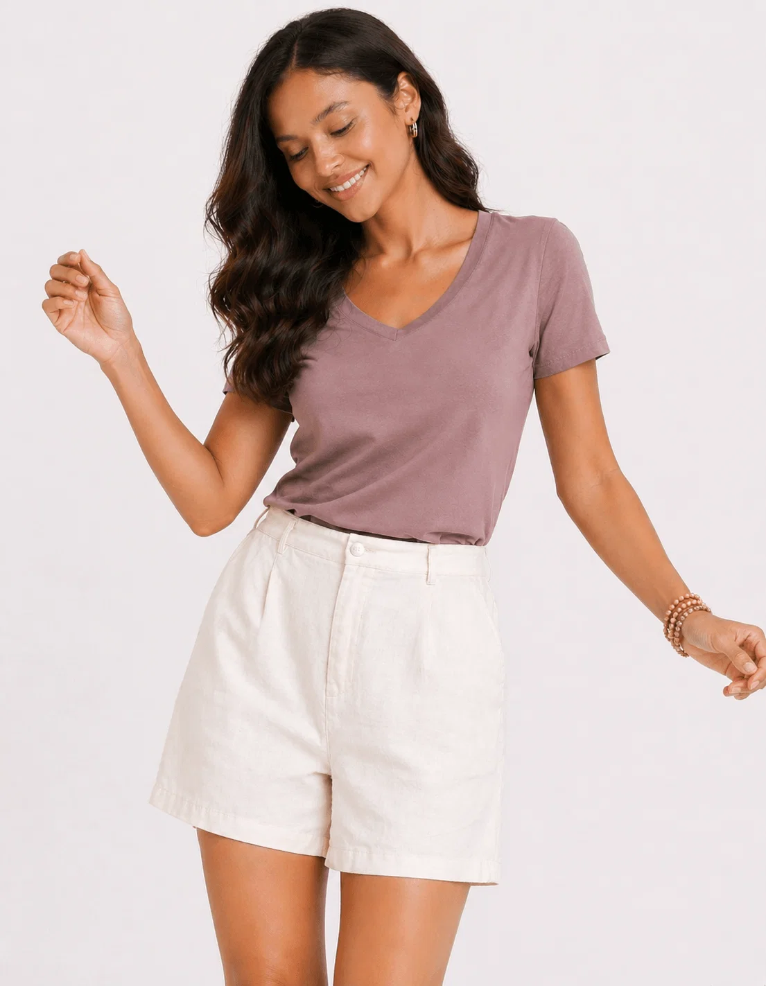 T-Shirt Decote v Malha Premium - Rosa Queimado