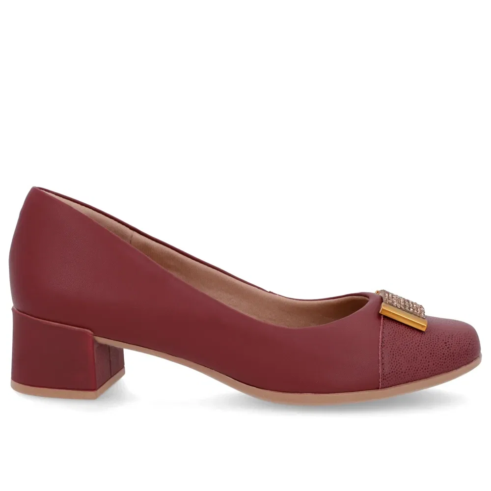 Scarpin Vermelho Couro Bico Quadrado Enfeite — imagem 1