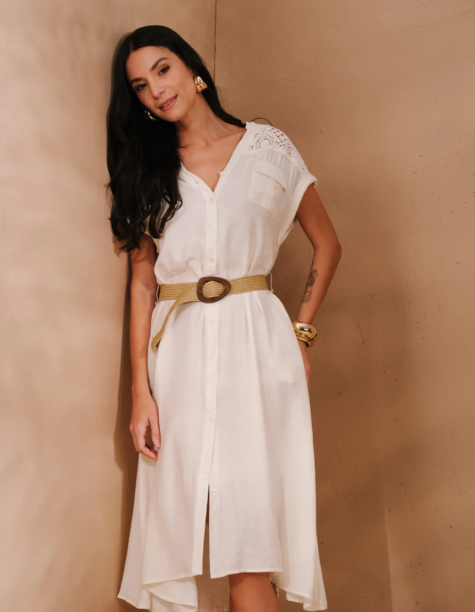 Chemise Longo Rendado Com Cinto - Off White