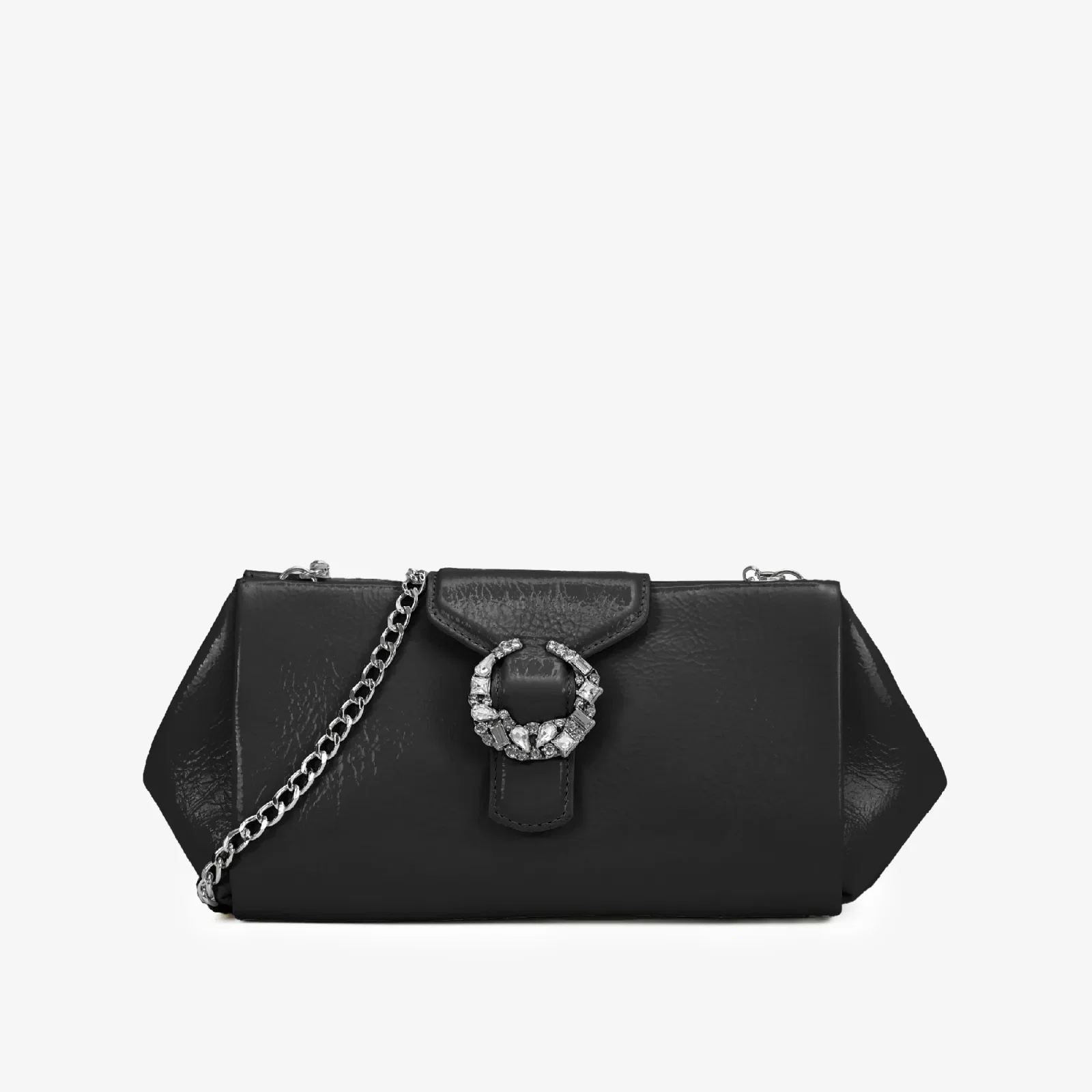 Clutch Preto Pedrarias Couro Brilhoso