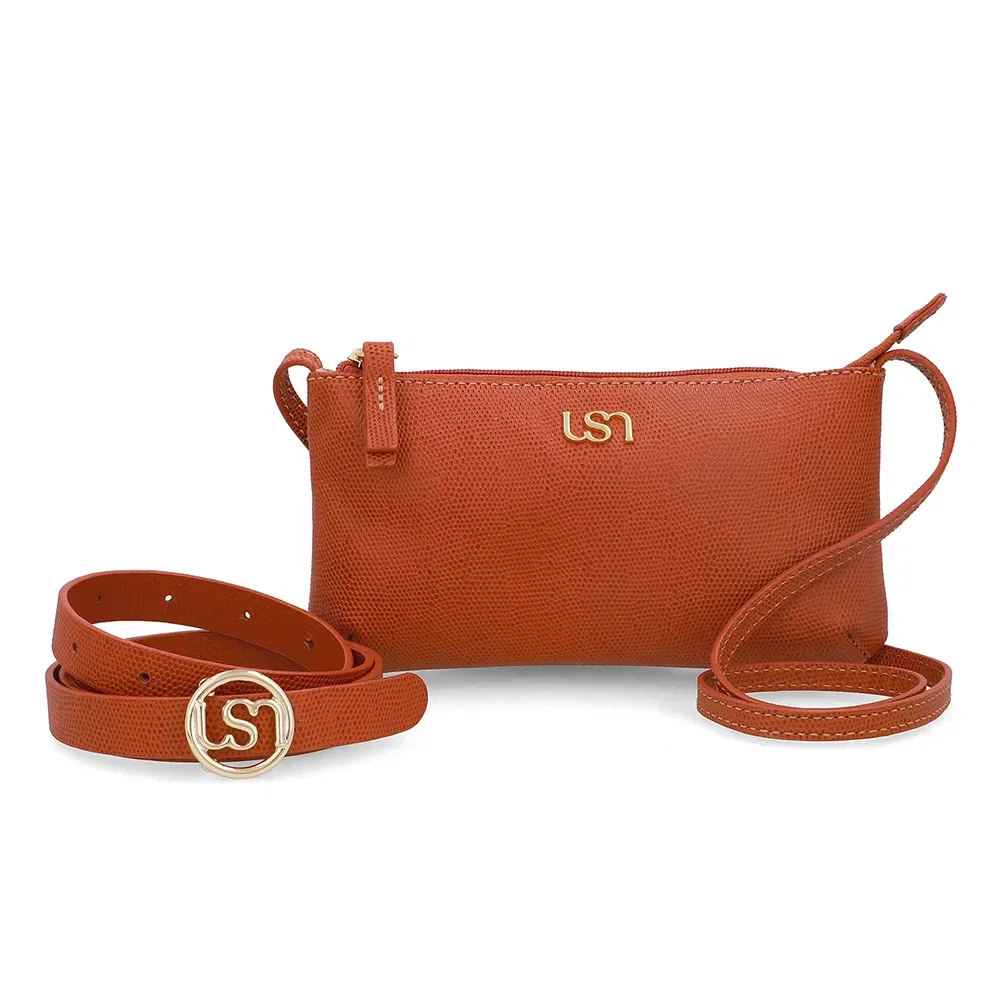 Kit Bolsa Tiracolo Cinto Couro Marrom