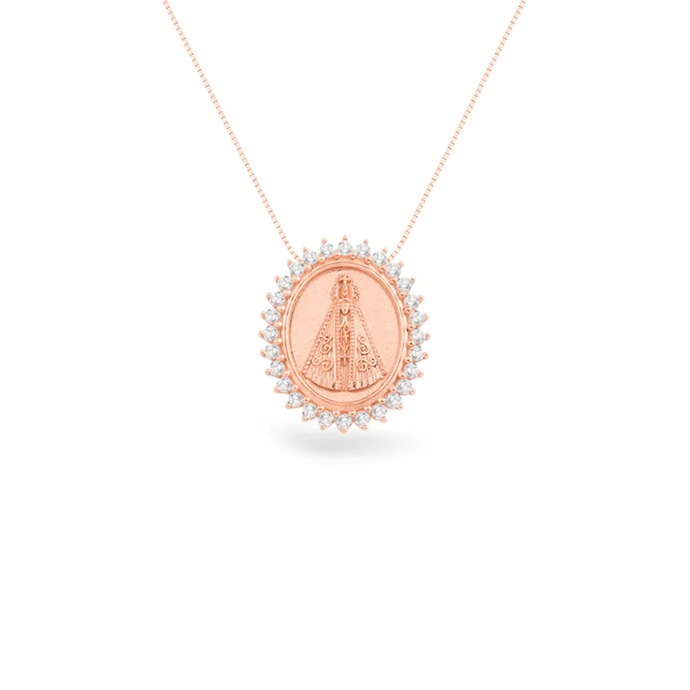 Pingente Medalha N.Sra. Aparecida em Ouro Rosé 18k com Topázios Incolores, 20mm — imagem 1