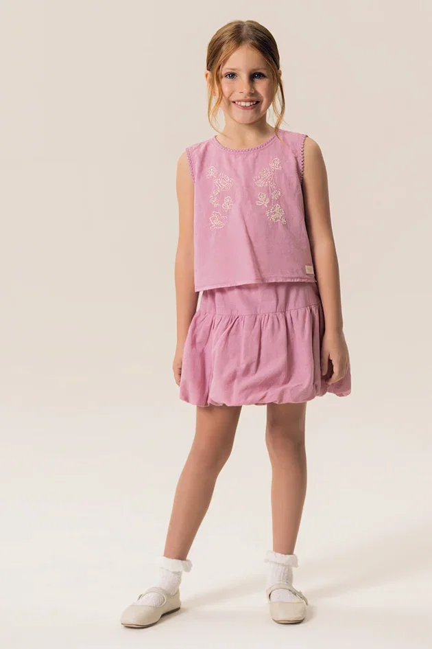Conjunto Infantil Blusa Com Saia Balonê em Cambraia
