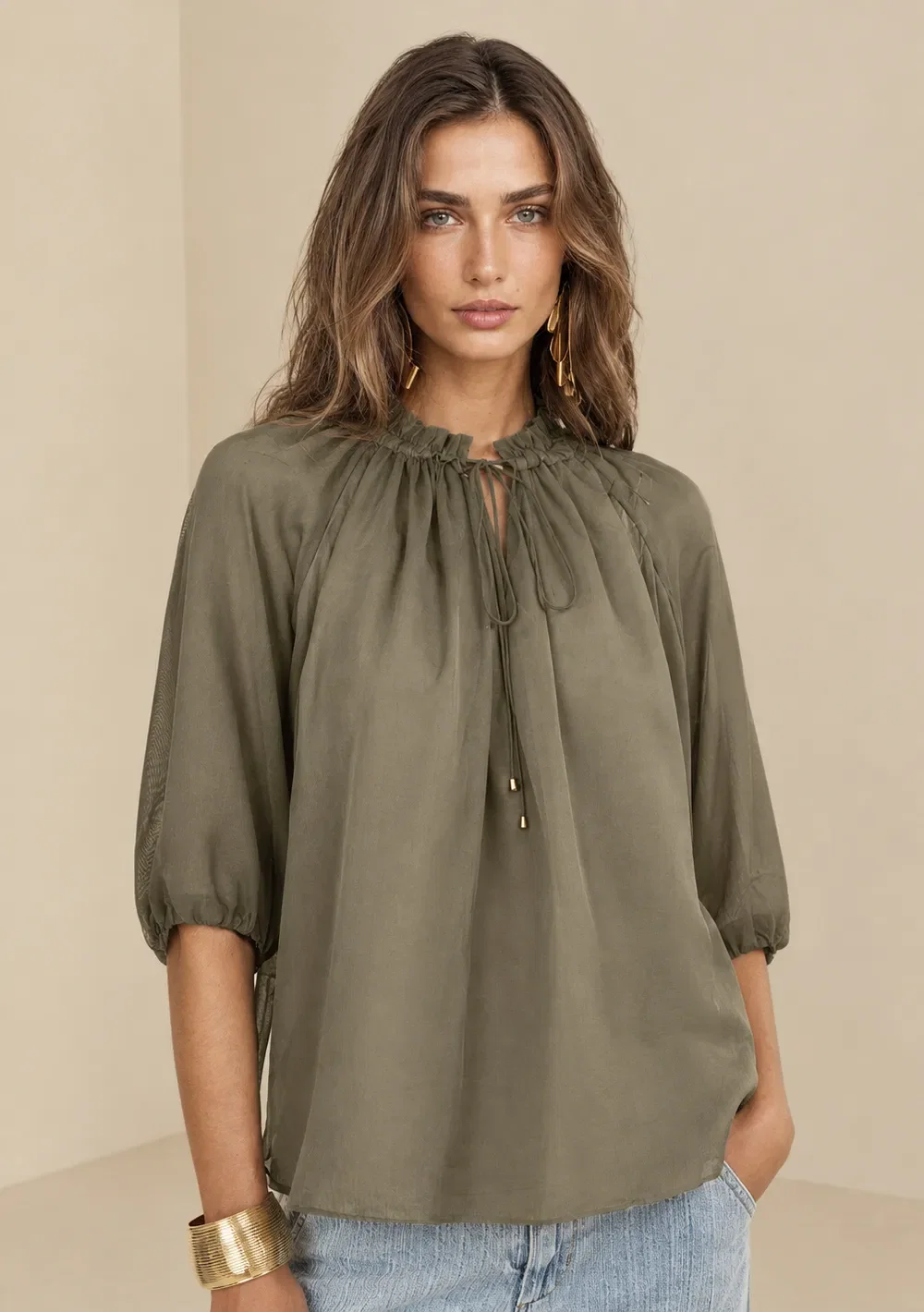 Blusa Morena Rosa Solta Decote V Manga 3 Quartos Padrão Verde — imagem 1