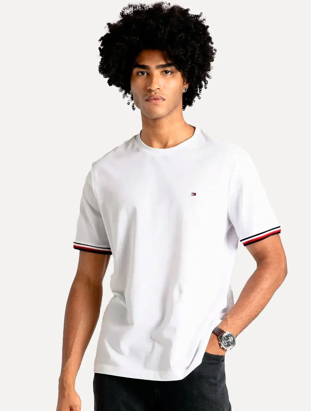 Camiseta Tommy Hilfiger Masculina Piquet Global Stripe Cuff Branca