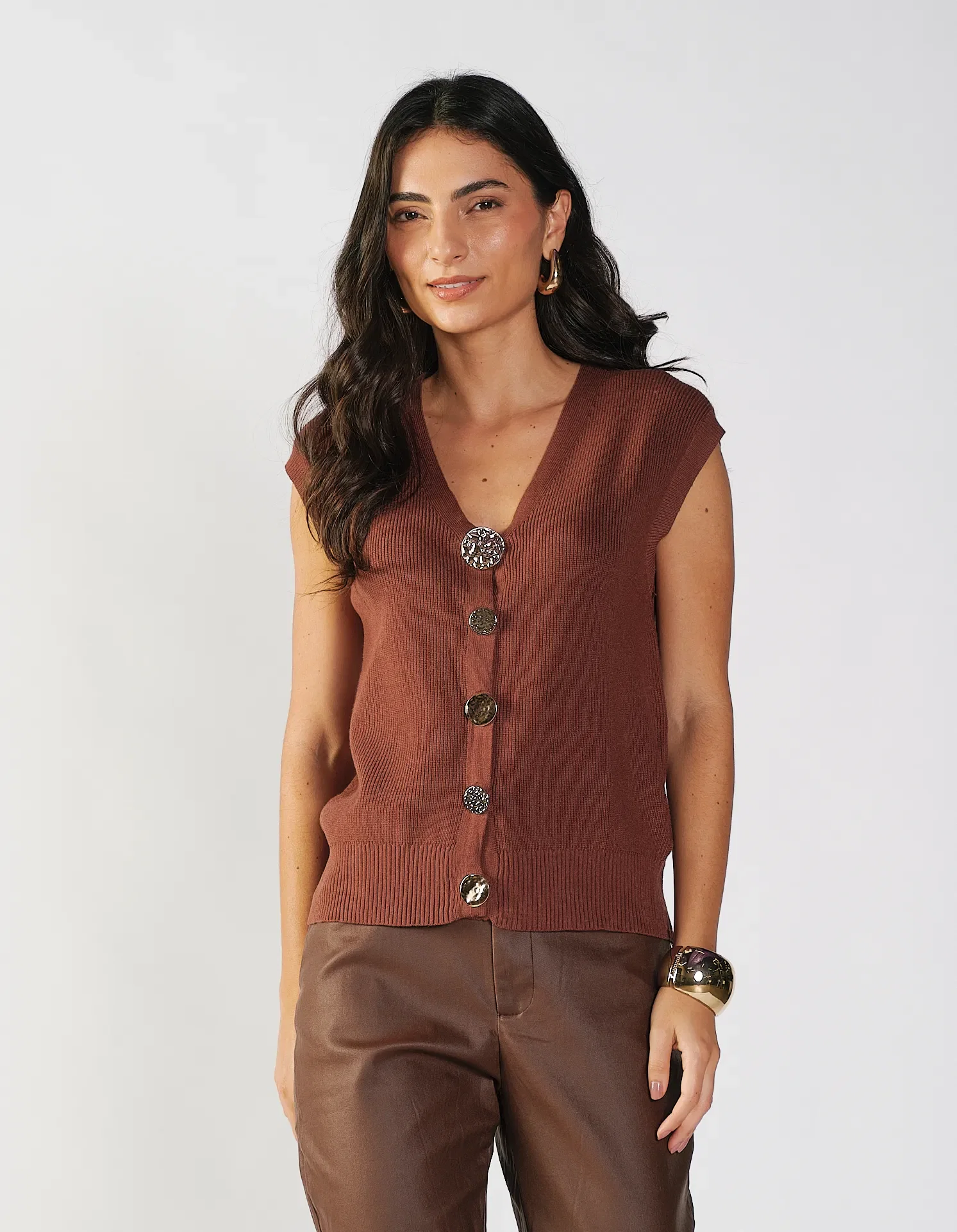 Blusa Tricot Botões Orgânico - Marrom — imagem 1